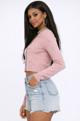 Bow Applique Cropped Cardigan Sweater