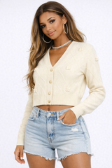 Bow Applique Cropped Cardigan Sweater