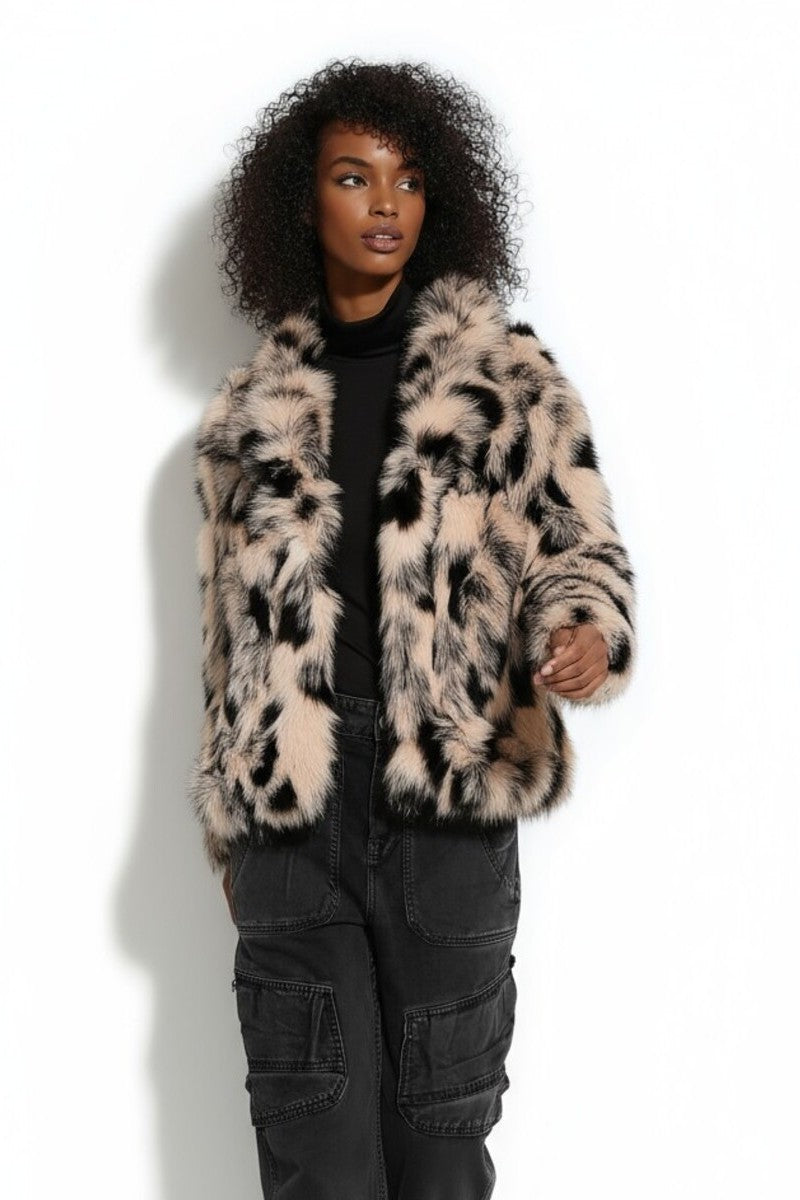 Abstract Print Longline Faux Fur Jacket