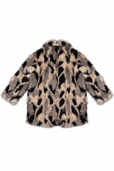 Abstract Print Longline Faux Fur Jacket
