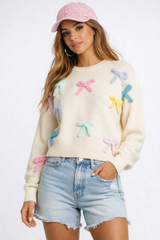 Bow Appliqu茅 Knit Sweater
