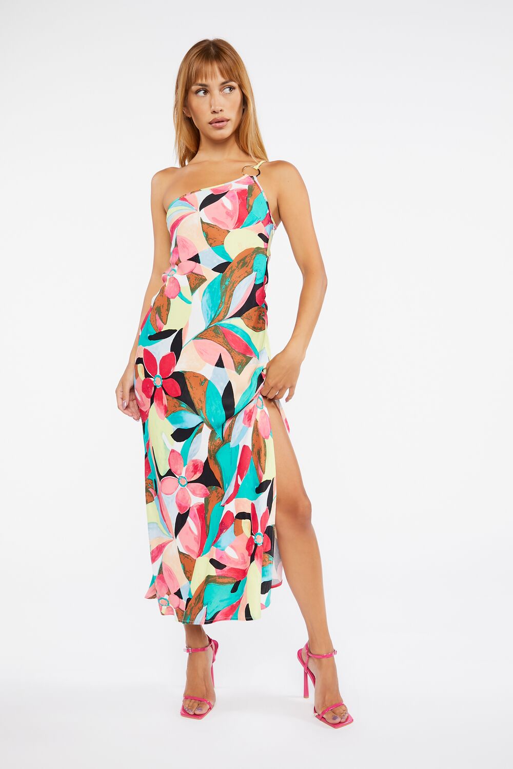 Abstract Floral One-Shoulder Dress