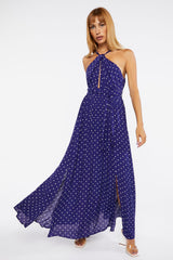 Belted Polka Dot Halter Maxi Dress