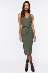 Belted Ribbed M-Slit Midi Dress