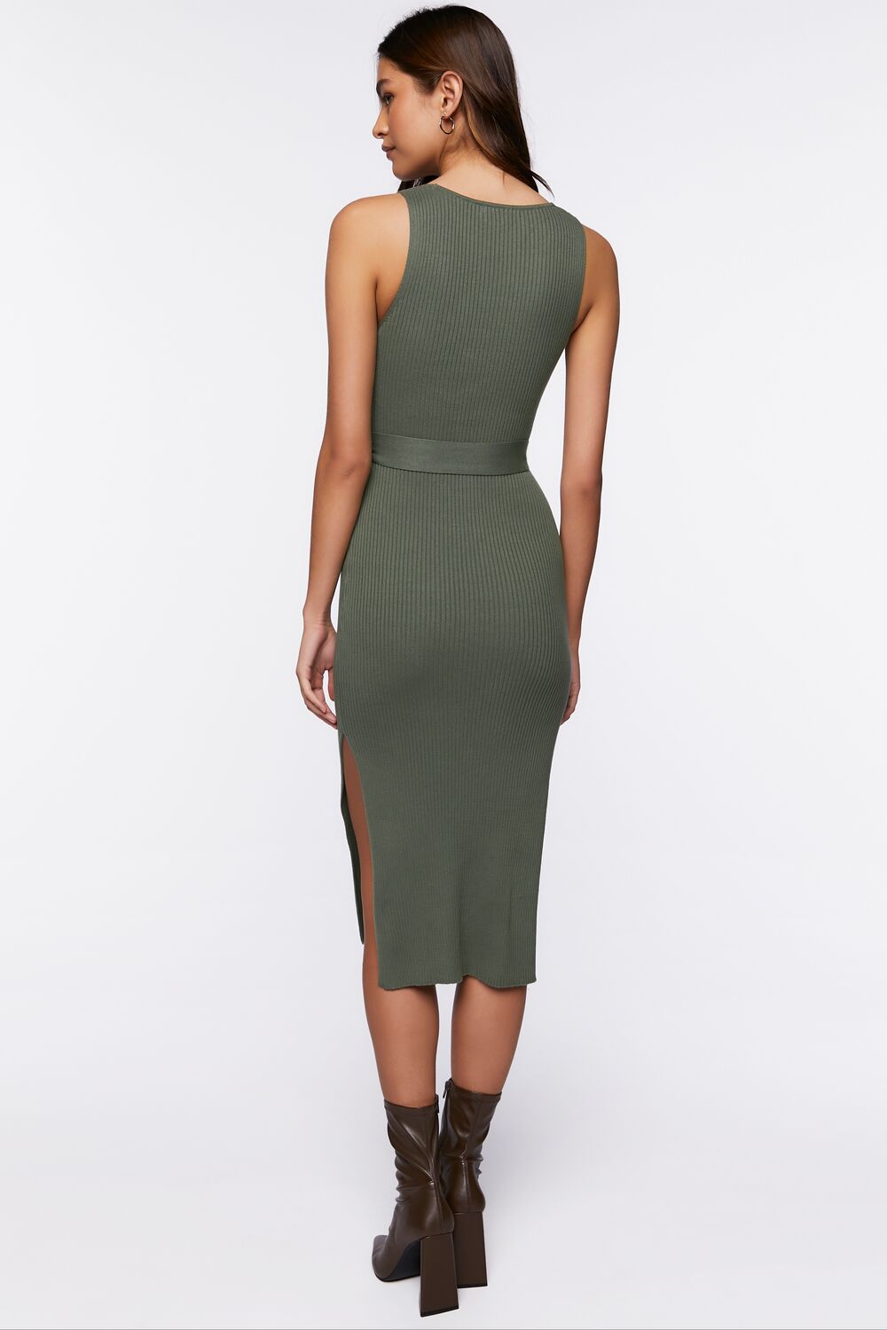 Belted Ribbed M-Slit Midi Dress