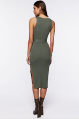 Belted Ribbed M-Slit Midi Dress