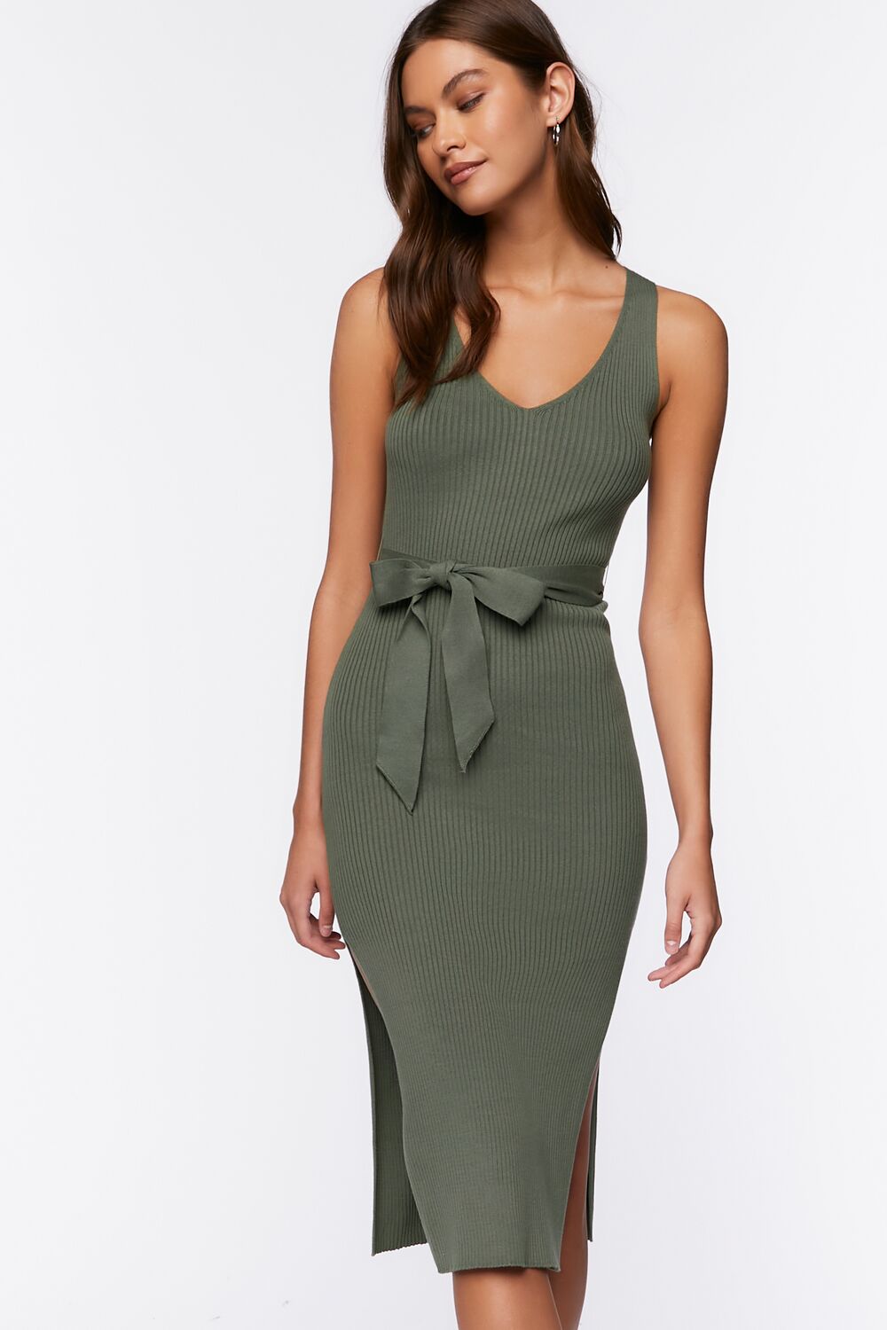 Belted Ribbed M-Slit Midi Dress