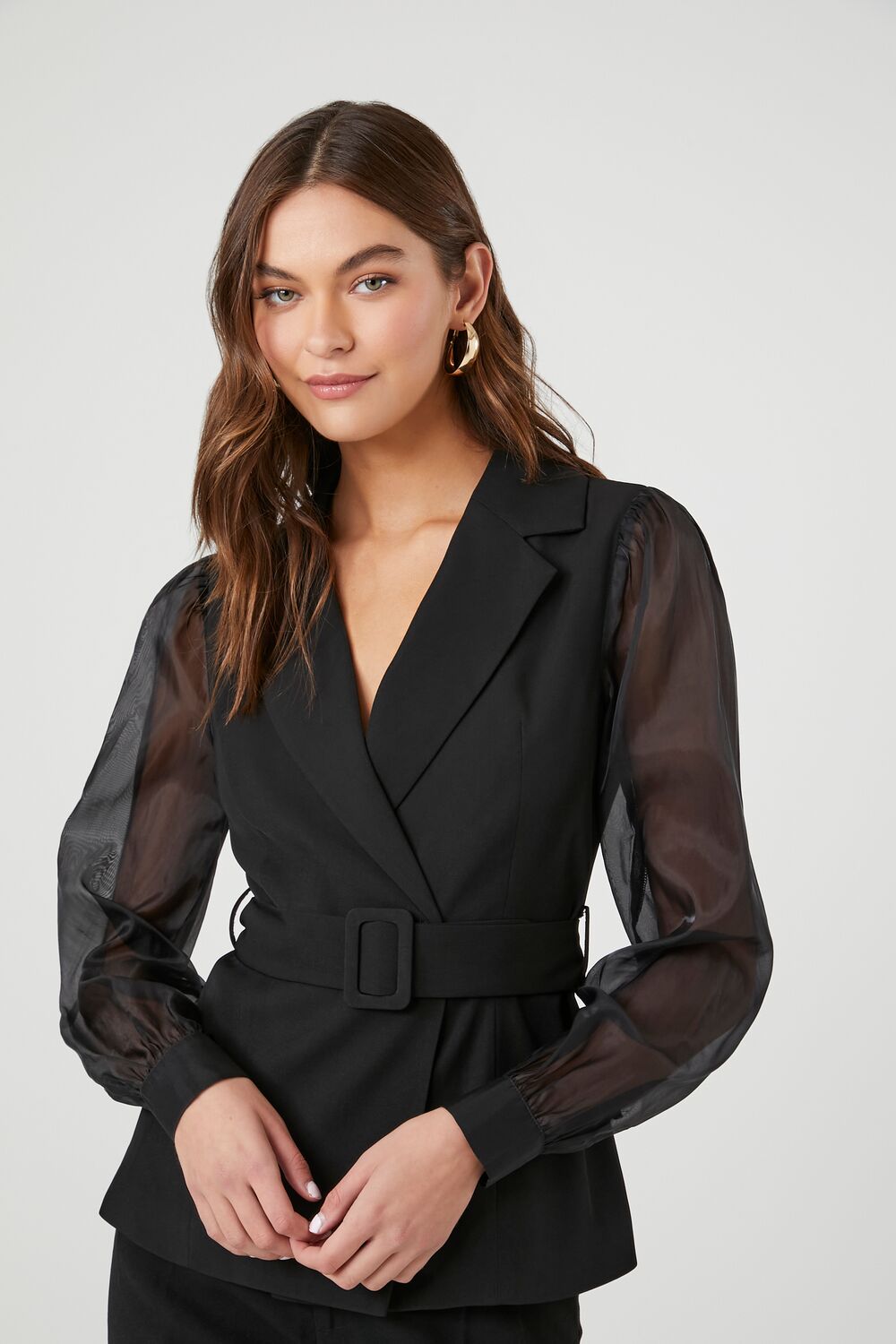 Belted Sheer Long-Sleeve Blazer