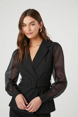 Belted Sheer Long-Sleeve Blazer