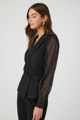 Belted Sheer Long-Sleeve Blazer
