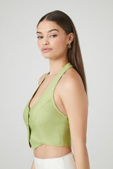 Button-Front Halter Crop Top