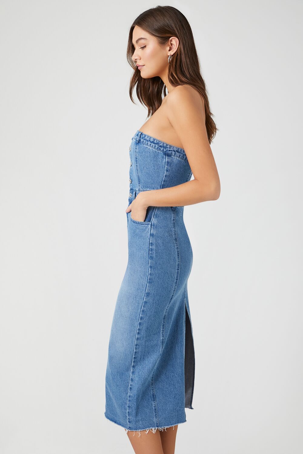 Button-Front Denim Tube Dress