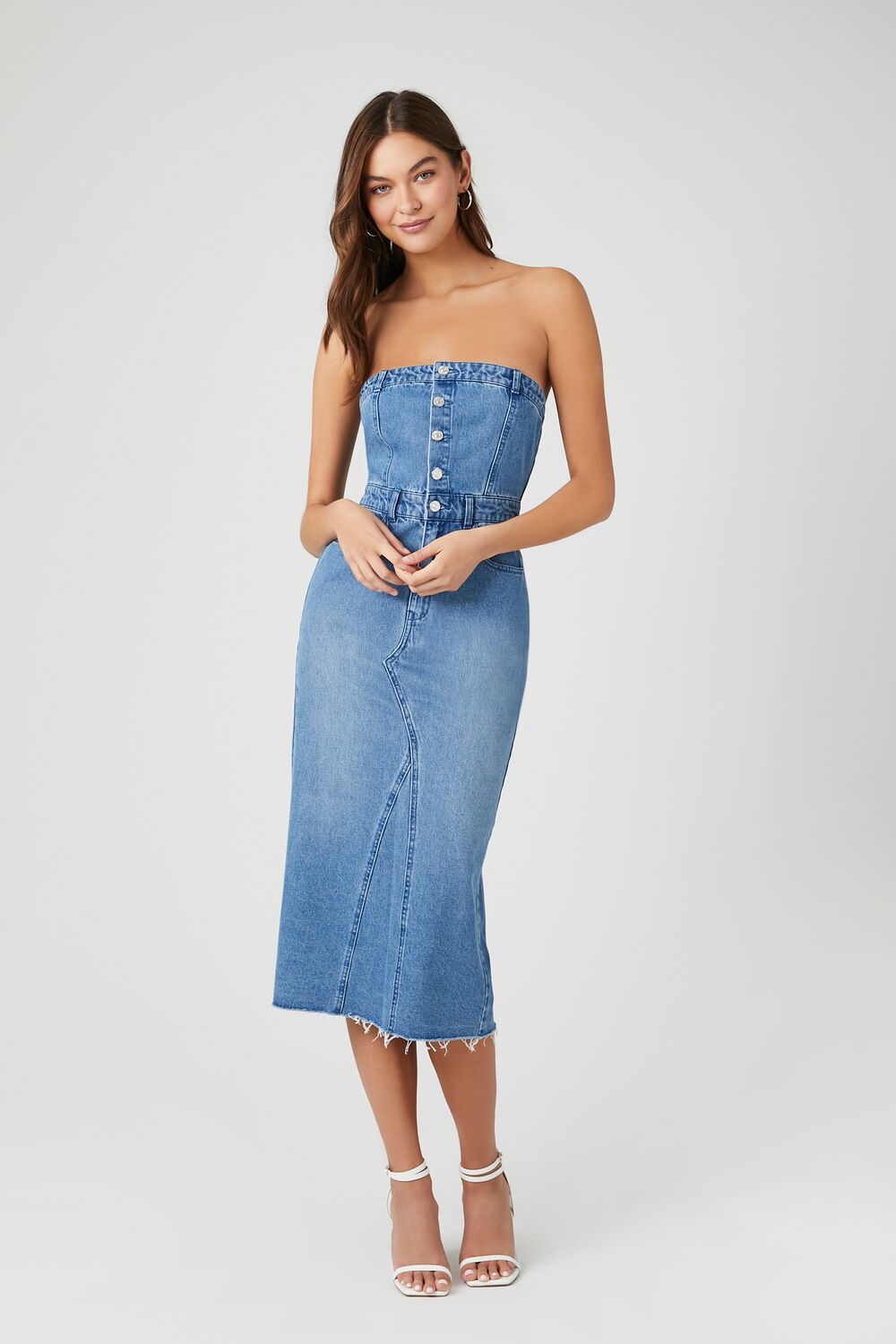 Button-Front Denim Tube Dress