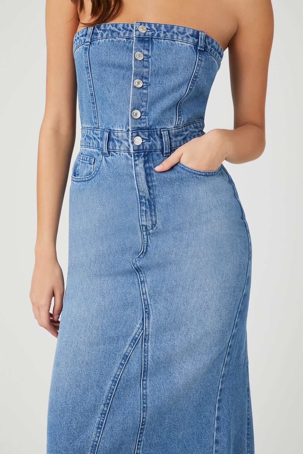 Button-Front Denim Tube Dress