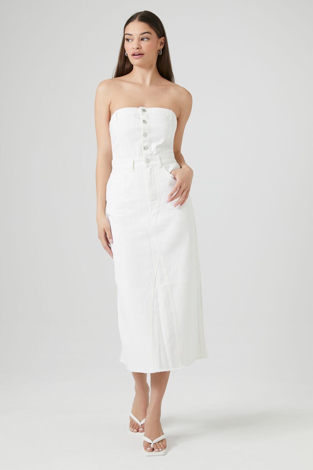 Button-Front Denim Tube Dress