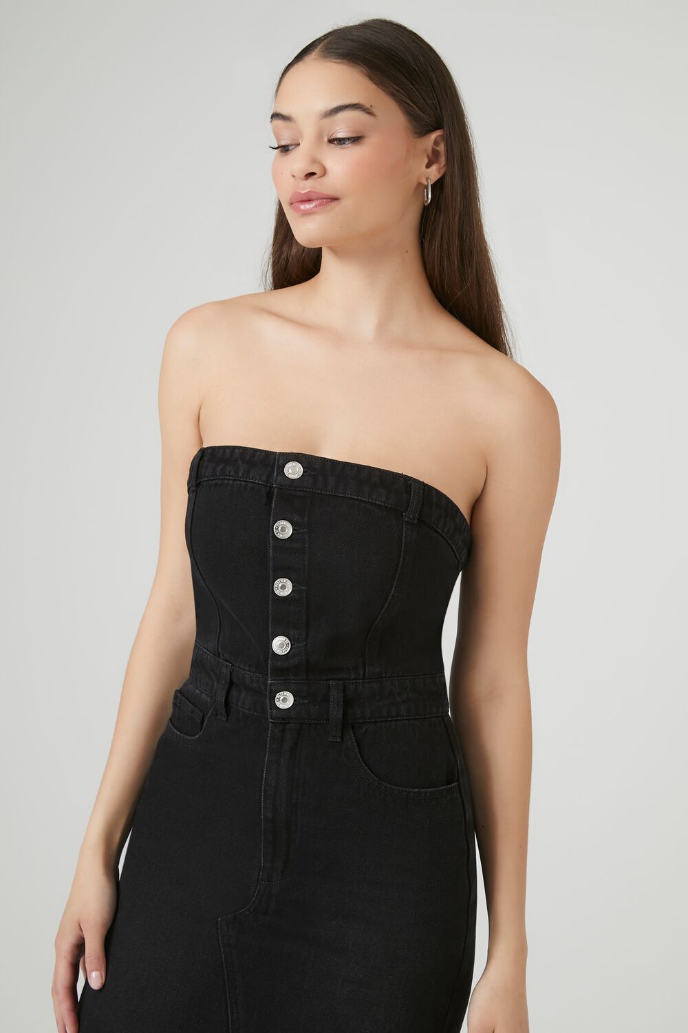 Button-Front Denim Tube Dress