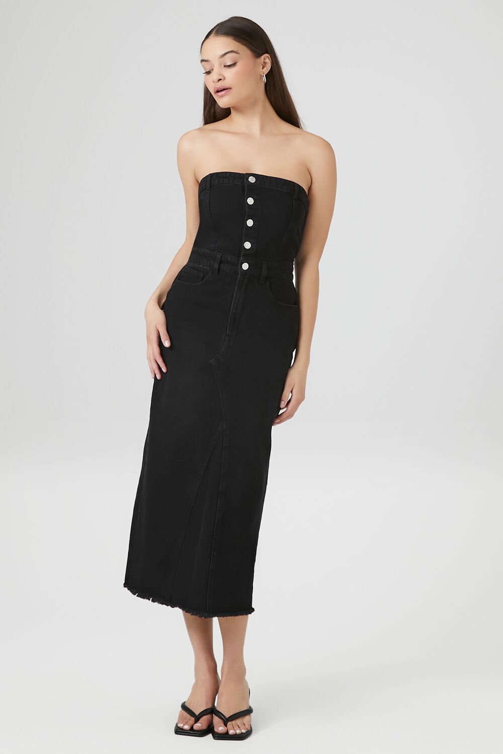 Button-Front Denim Tube Dress