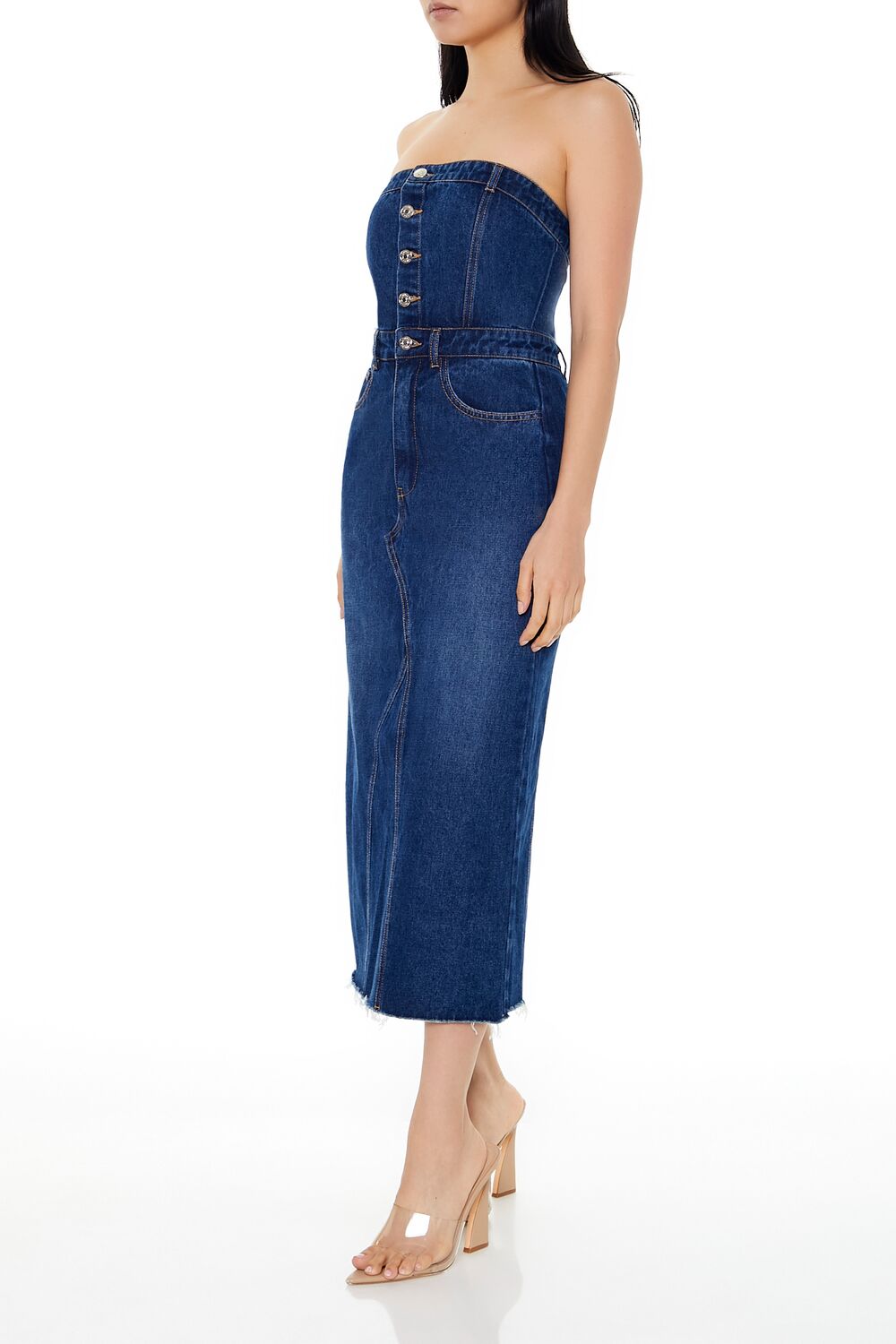 Button-Front Denim Tube Dress