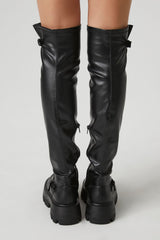 Buckled Faux Leather Knee-High Boots