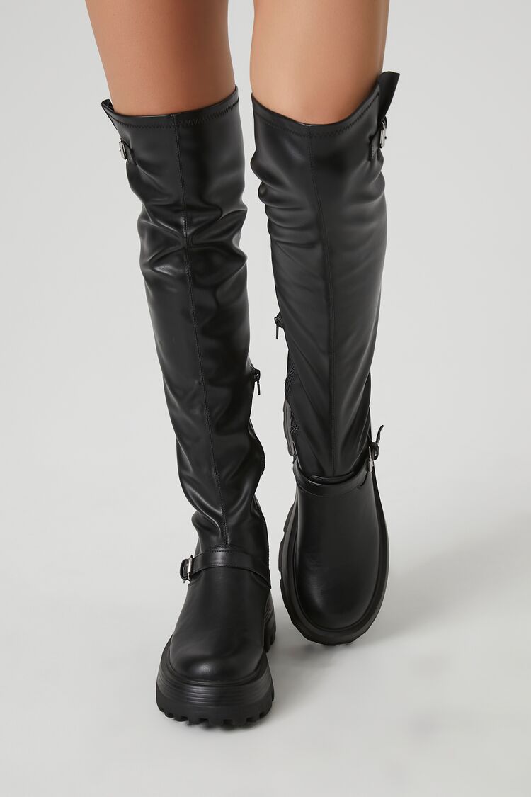 Buckled Faux Leather Knee-High Boots