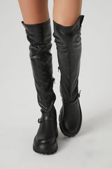 Buckled Faux Leather Knee-High Boots