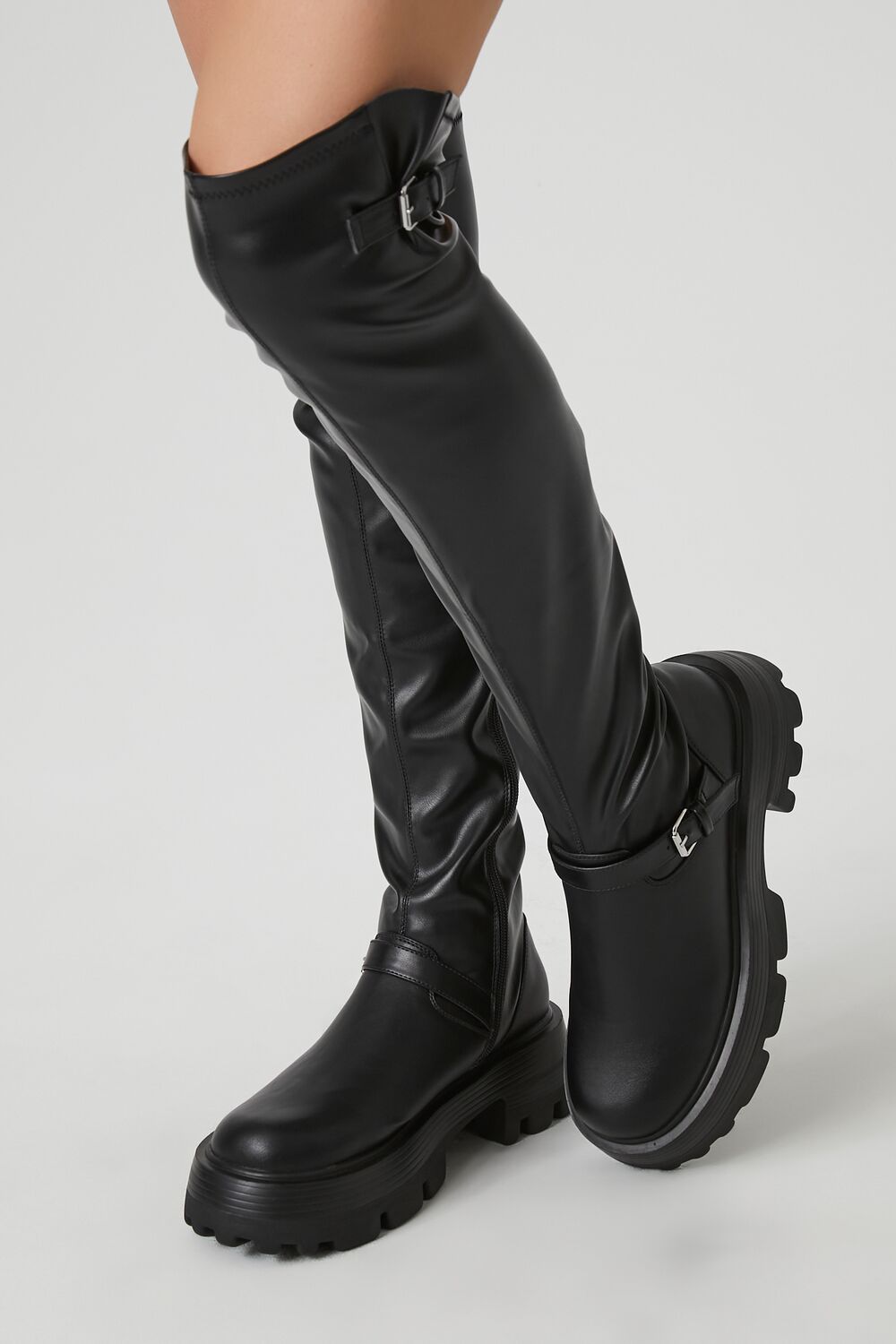 Buckled Faux Leather Knee-High Boots