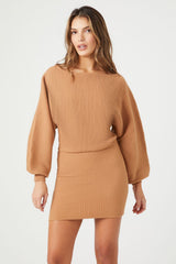 Balloon-Sleeve Mini Sweater Dress