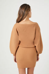 Balloon-Sleeve Mini Sweater Dress