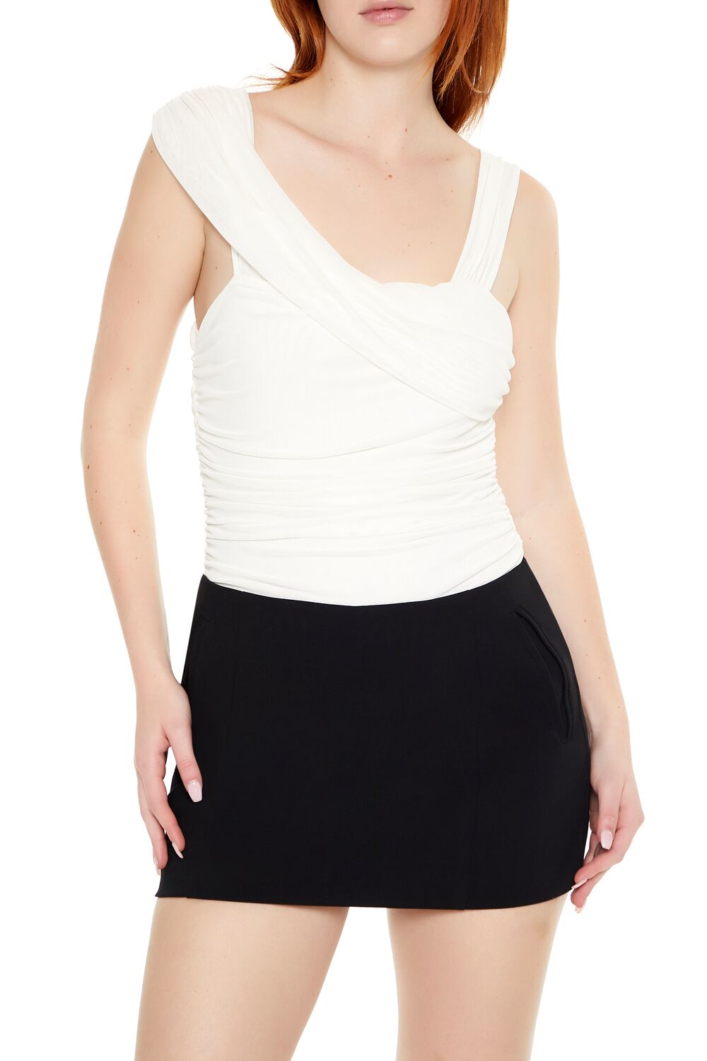 Asymmetrical Ruched Mesh Bodysuit