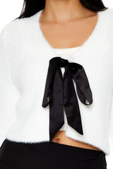 Bow Fuzzy Knit Cardigan Sweater
