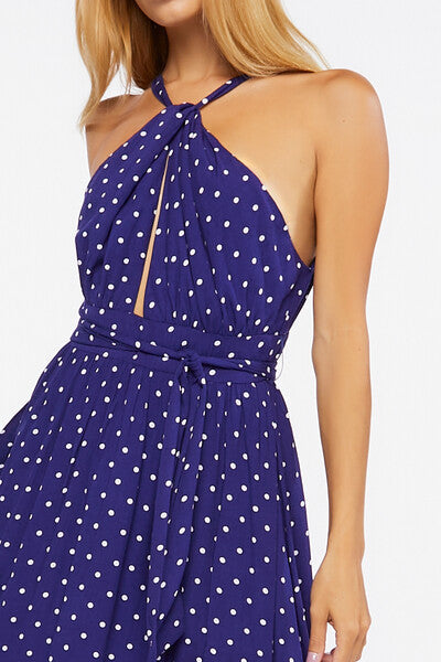 Belted Polka Dot Halter Maxi Dress
