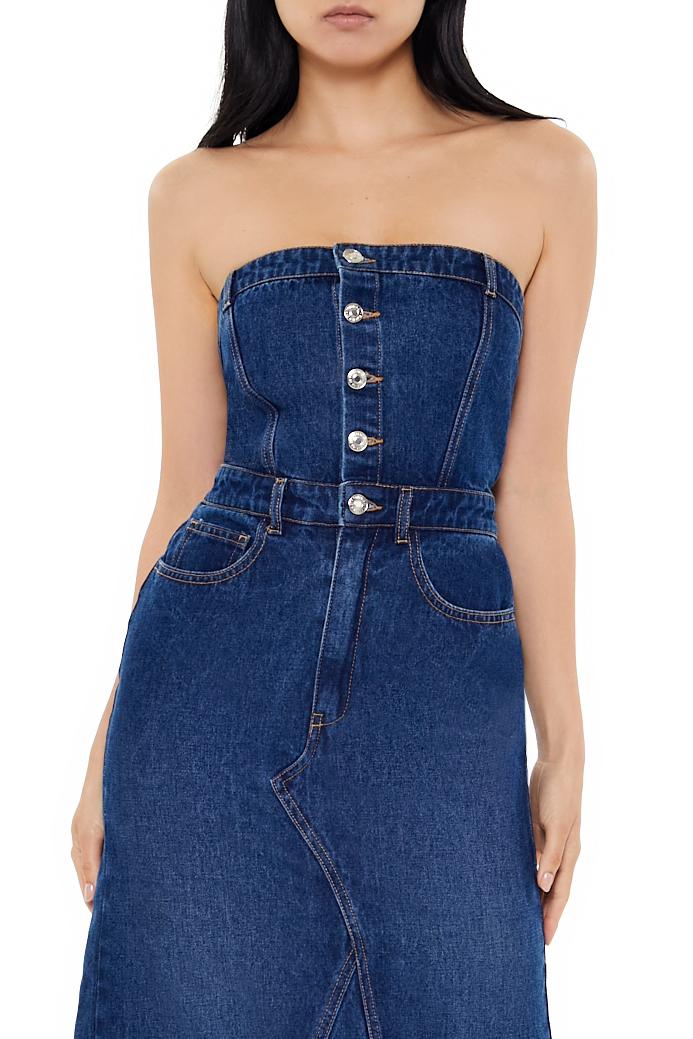 Button-Front Denim Tube Dress