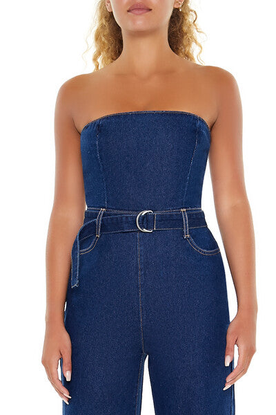 Belted Strapless Denim Jumpsuit