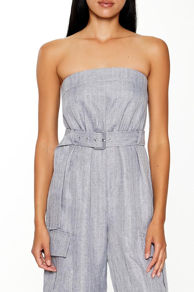 Belted Pinstriped Cargo Jumpsuit